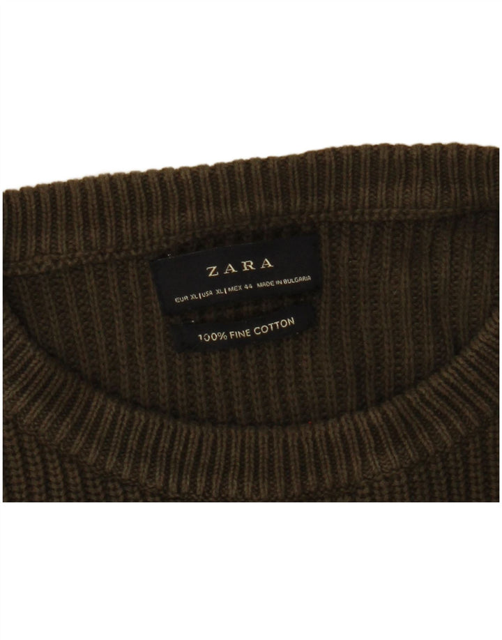 Zara Mens Crew Neck Jumper Sweater XL Khaki Cotton