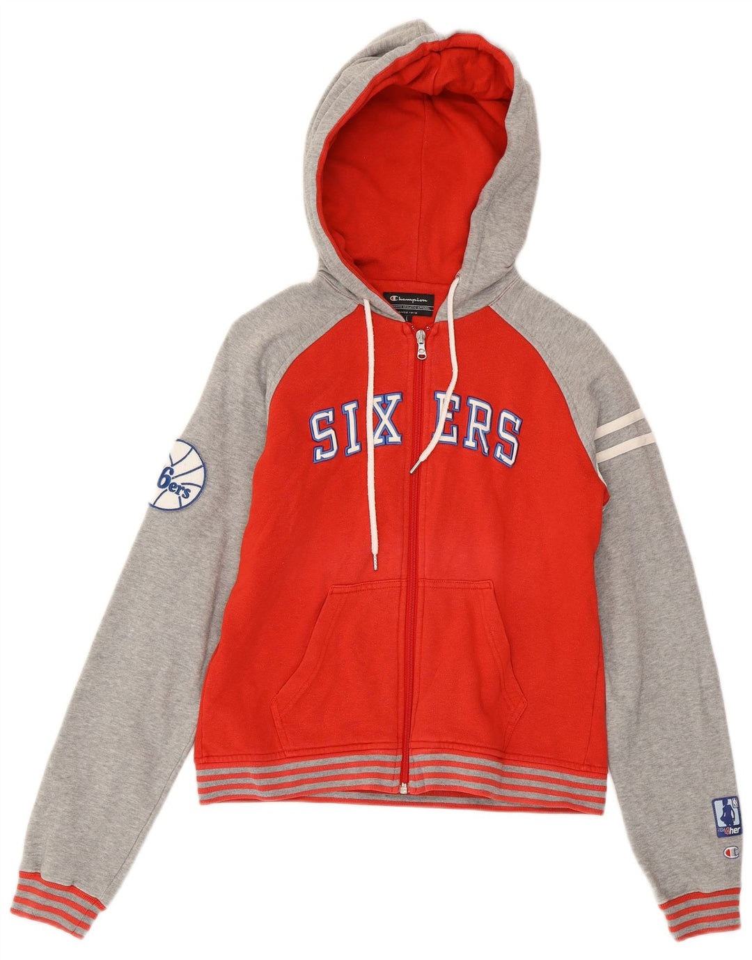 CHAMPION Womens Graphic Zip Hoodie Sweater UK 14 Large Red Colourblock