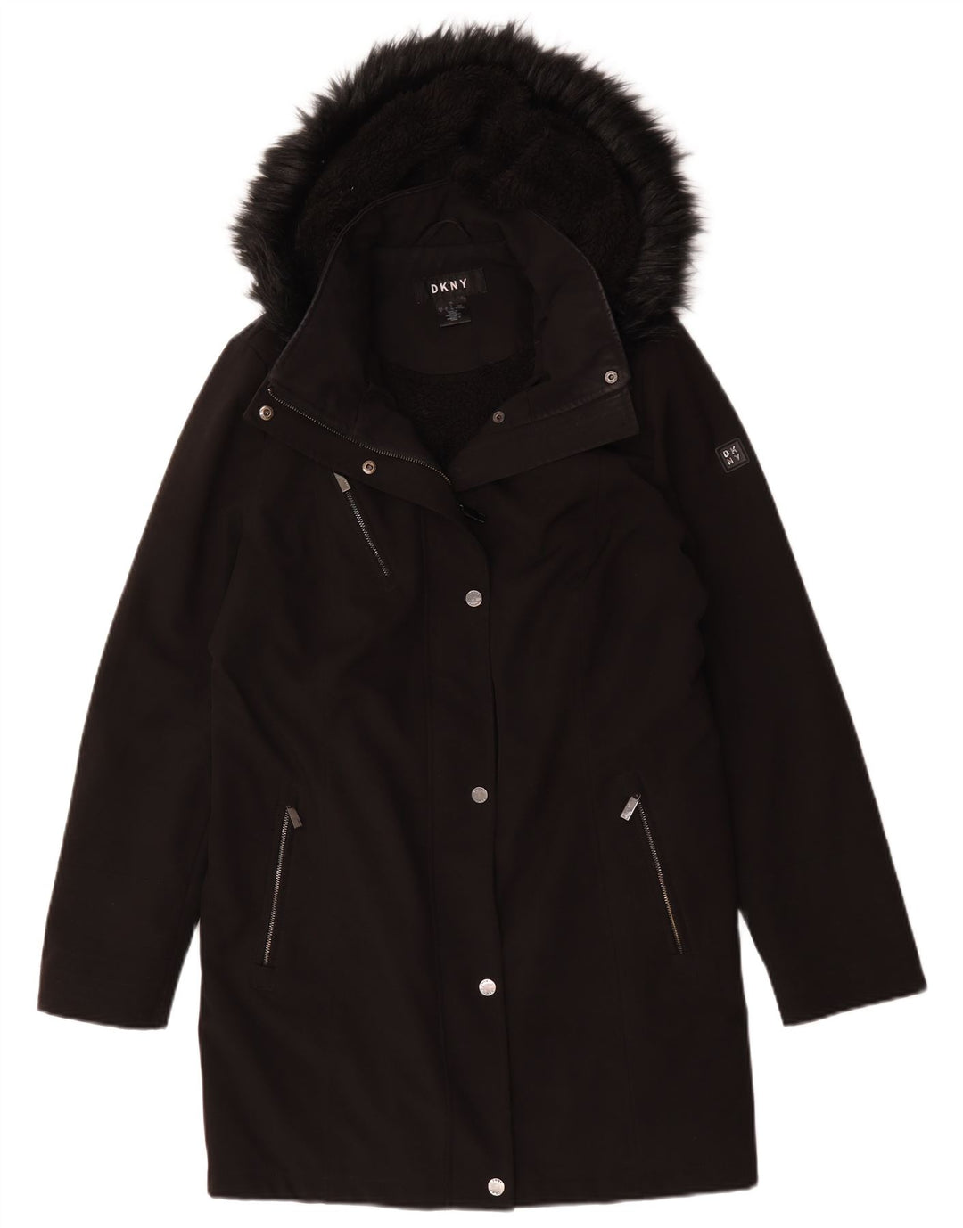 Dkny Womens Hooded Sherpa Overcoat UK 16 Large Black Polyester