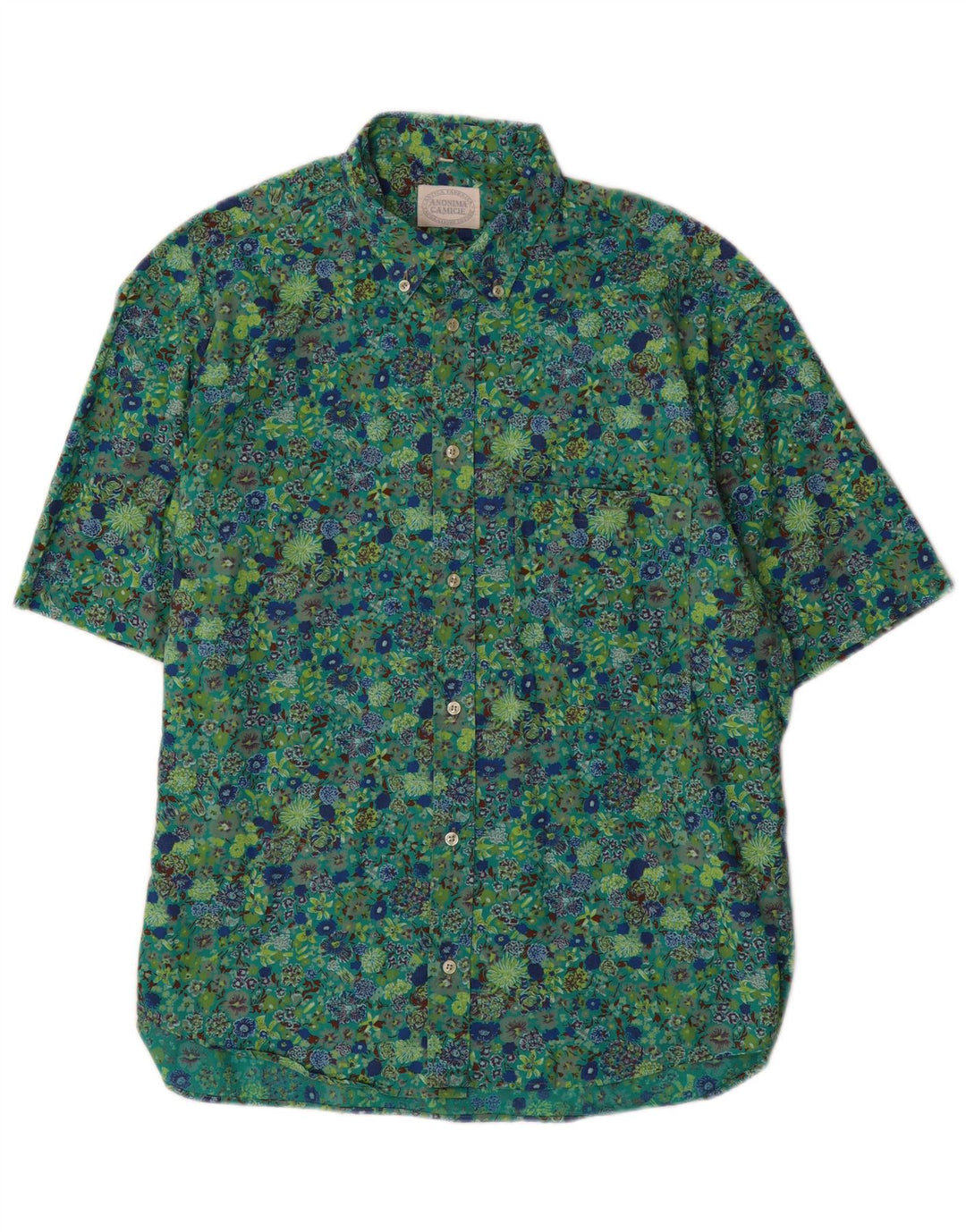 ANONIMA CAMICIE Mens Short Sleeve Shirt Medium Green Floral Cotton