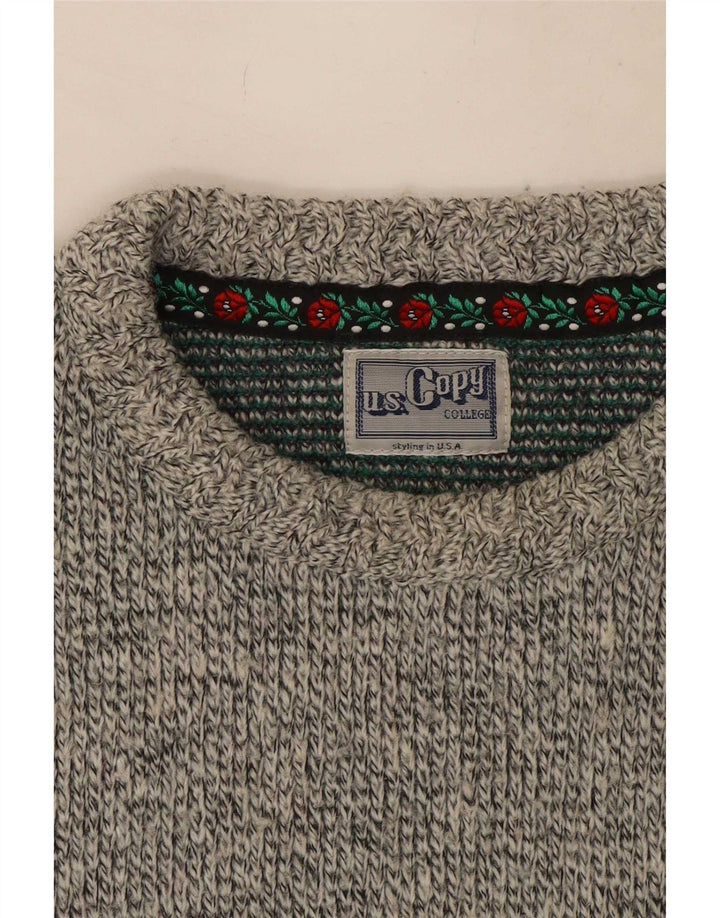 Vintage Mens Crew Neck Jumper Sweater Large Grey Fair Isle Wool
