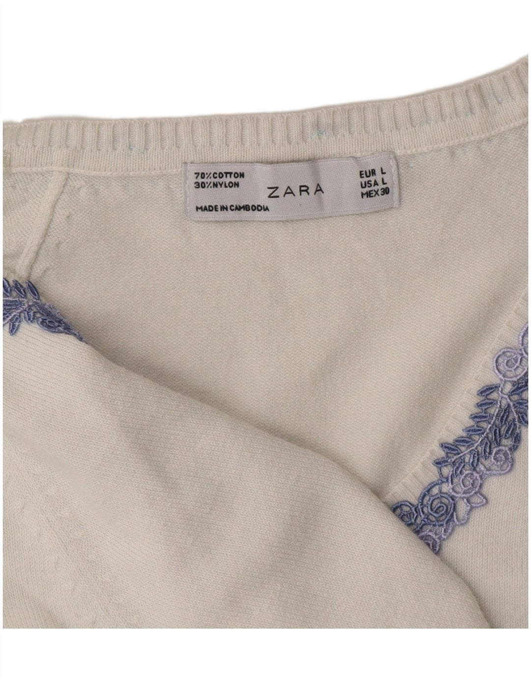 ZARA Womens V-Neck Jumper Sweater UK 14 Large White Cotton