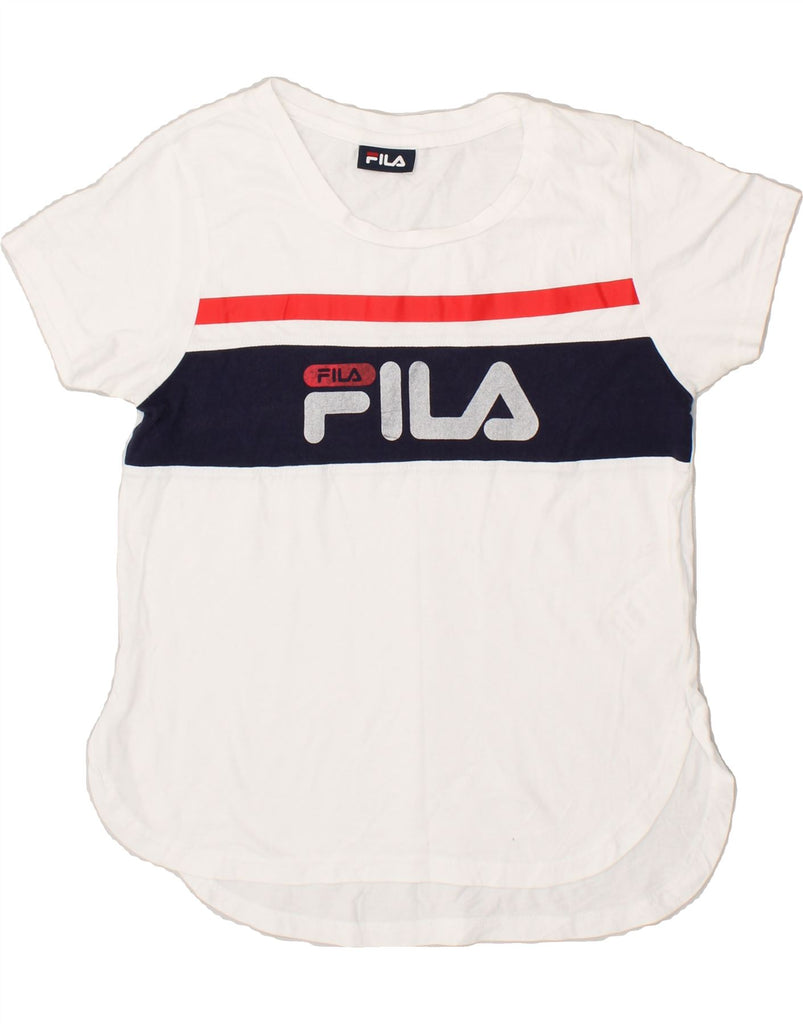 FILA Womens Graphic T-Shirt Top UK 12 Medium White Colourblock Cotton | Vintage Fila | Thrift | Second-Hand Fila | Used Clothing | Messina Hembry 