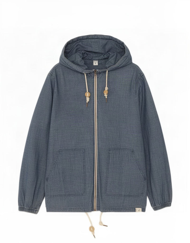 Pull & Bear Mens Hooded Bomber Jacket UK 38 Medium Blue Cotton