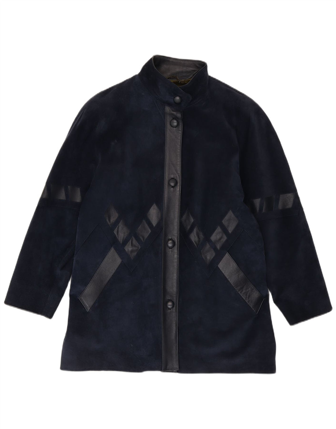 Vintage Womens Oversized Suede Overcoat UK 14 Medium Navy Blue Geometric