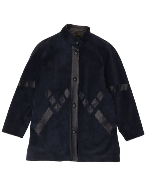 Vintage Womens Oversized Suede Overcoat UK 14 Medium Navy Blue Geometric