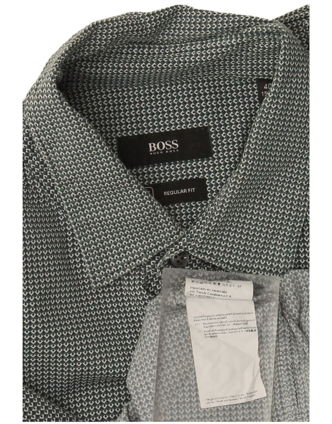 Hugo Boss Mens Regular Fit Shirt Size 40 15 3/4 Medium Green Geometric