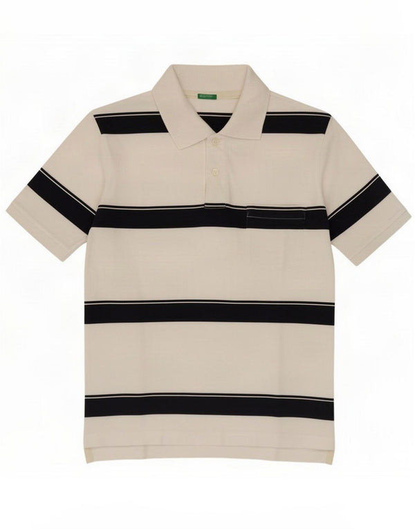Benetton Mens Polo Shirt Medium White Striped Cotton