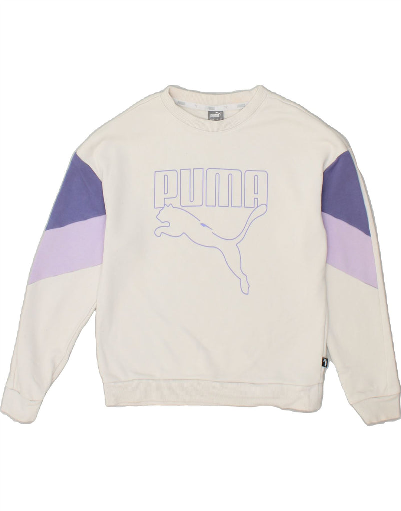PUMA Girls Graphic Sweatshirt Jumper 13-14 Years Off White Cotton | Vintage Puma | Thrift | Second-Hand Puma | Used Clothing | Messina Hembry 