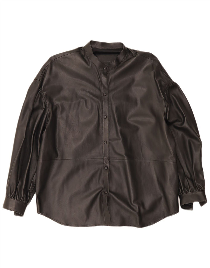 Massimo Dutti Womens Oversized Leather Shirt UK 6 XS Black Leather