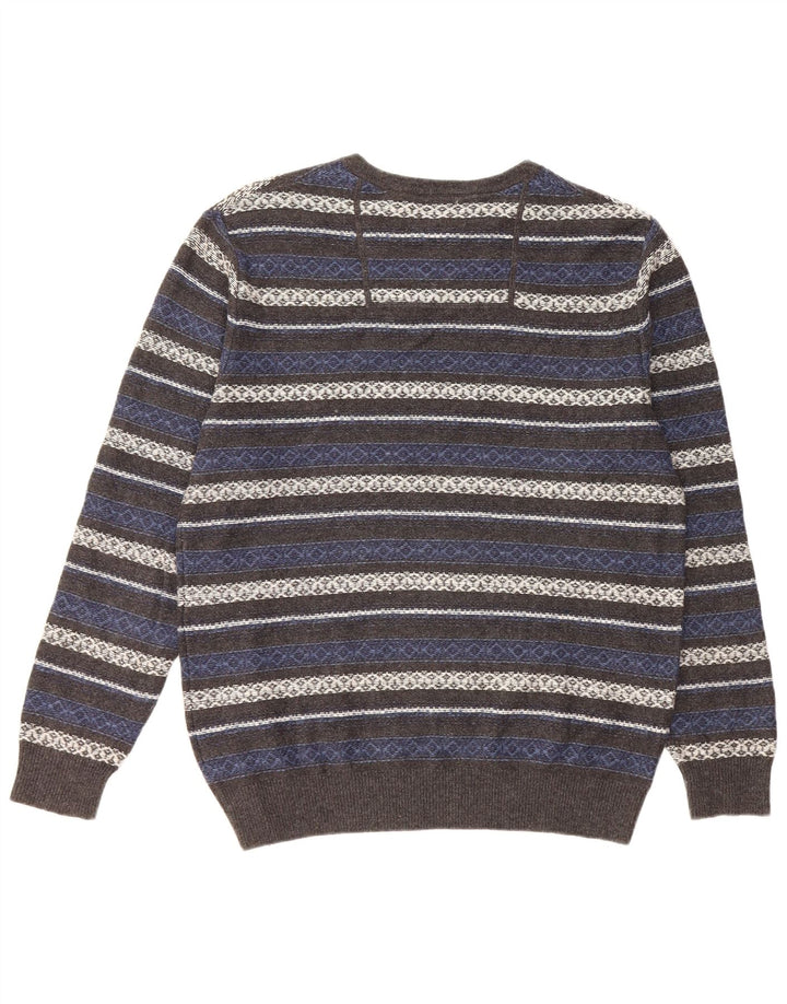 Vintage Mens Crew Neck Jumper Sweater Medium Grey Striped Cotton