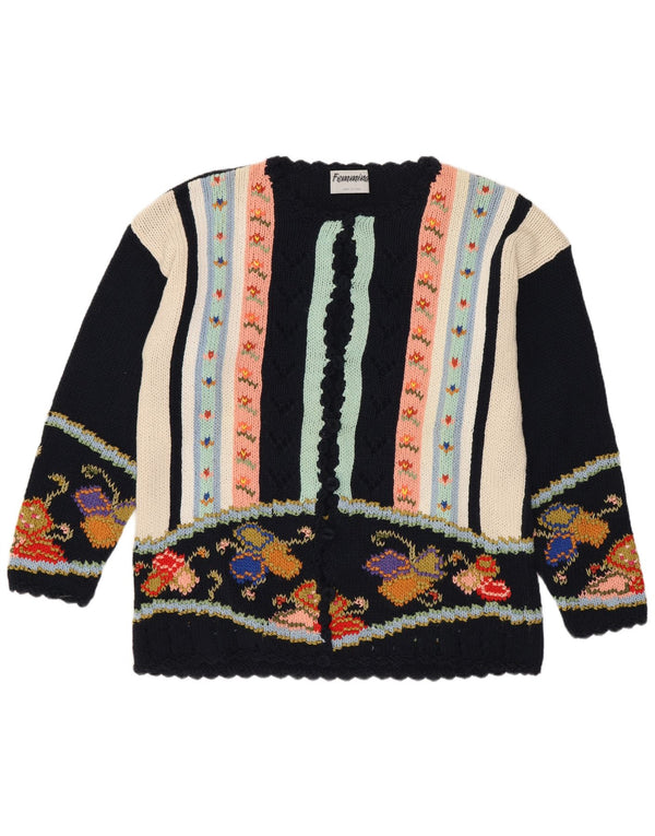 Vintage Womens Cardigan Sweater UK 14 Medium Navy Blue Floral Cotton
