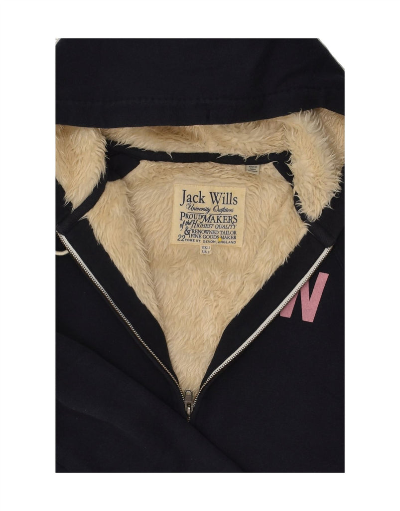 JACK WILLS Womens Sherpa Graphic Zip Hoodie Sweater UK 12 Medium Navy Blue | Vintage Jack Wills | Thrift | Second-Hand Jack Wills | Used Clothing | Messina Hembry 