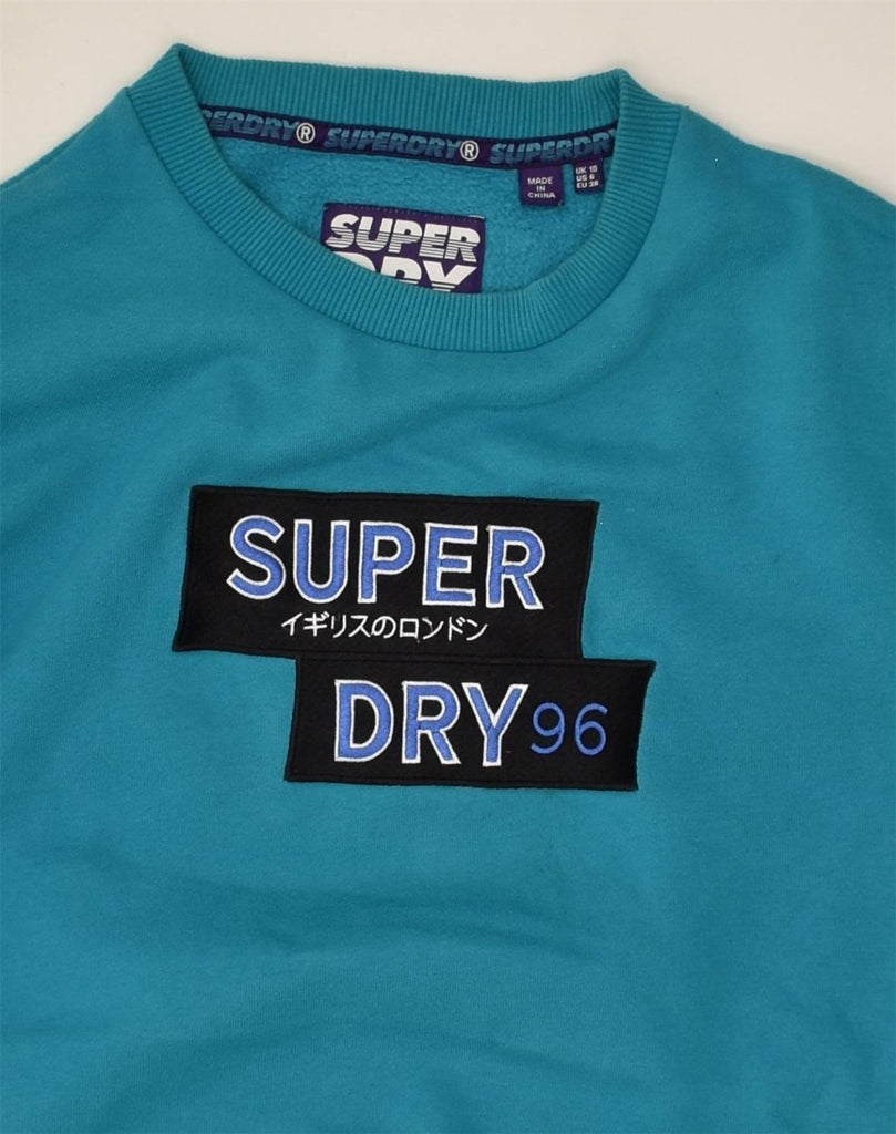 SUPERDRY Womens Graphic Sweatshirt Jumper UK 10 Small Turquoise Cotton | Vintage Superdry | Thrift | Second-Hand Superdry | Used Clothing | Messina Hembry 