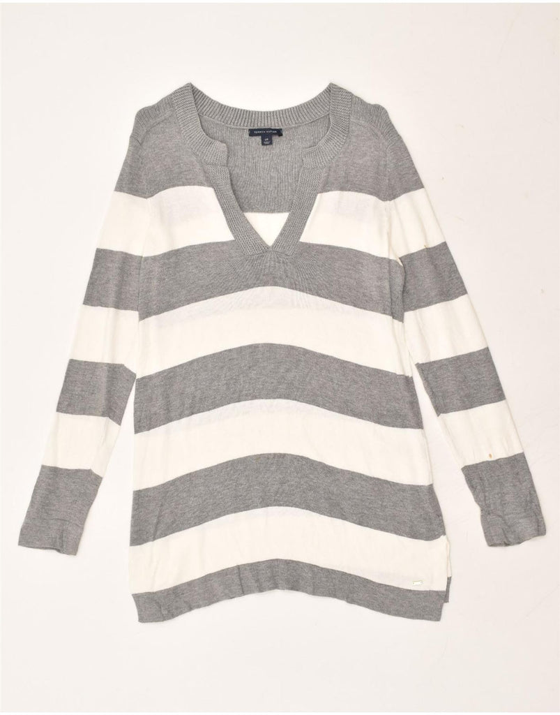 TOMMY HILFIGER Womens V-Neck Jumper Sweater UK 8 Small Grey Striped Cotton | Vintage Tommy Hilfiger | Thrift | Second-Hand Tommy Hilfiger | Used Clothing | Messina Hembry 