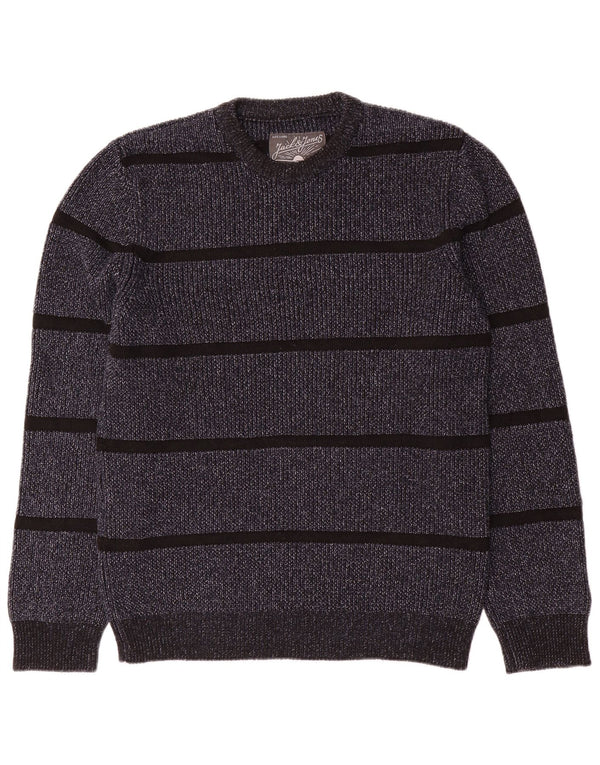 Jack & Jones Mens Crew Neck Jumper Sweater Large Navy Blue Striped Cotton