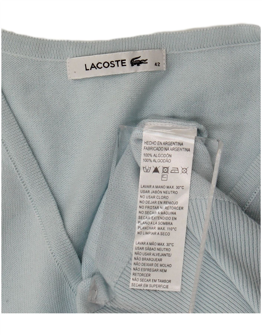 Lacoste Womens V-Neck Jumper Sweater Size 42 Large Blue Cotton