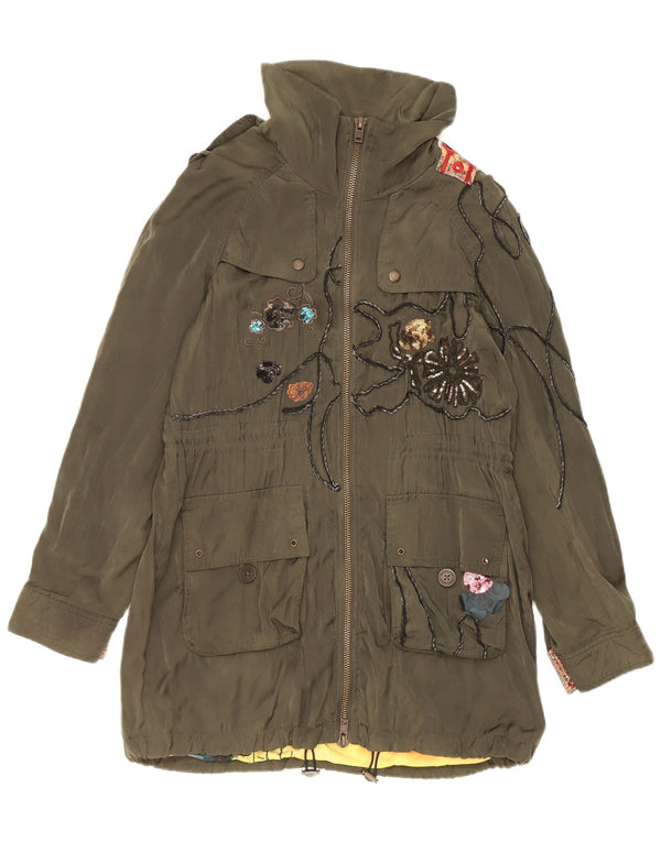 Desigual Womens Military Graphic Parka Jacket EU 38 Medium Green Floral