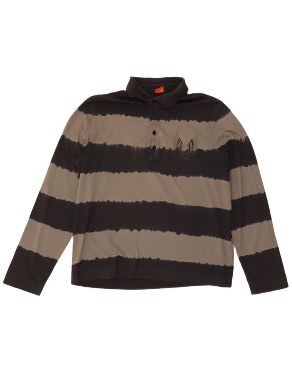 Hugo Boss Mens Long Sleeve Rugby Polo Shirt XL Black Striped Cotton