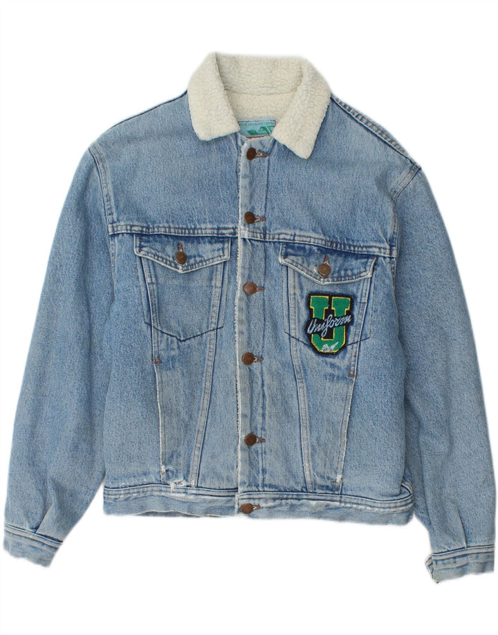 Uniform Mens Graphic Denim Sherpa Jacket UK 36 Small Blue