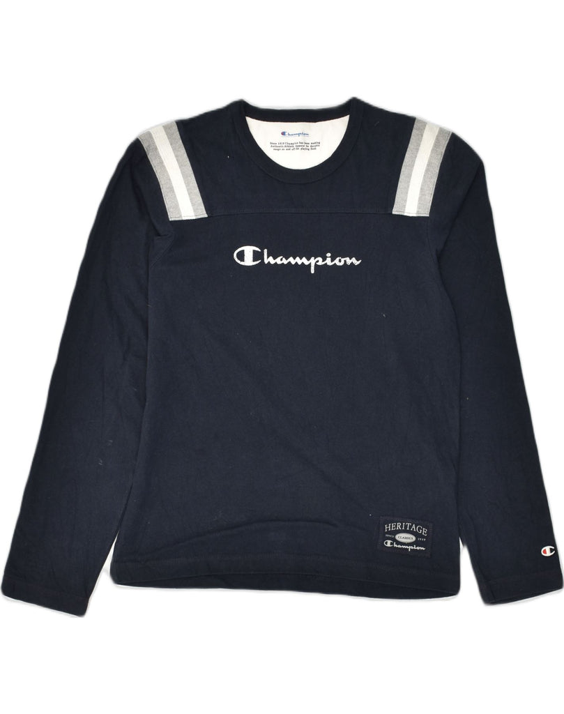 CHAMPION Womens Graphic Top Long Sleeve UK 10 Small Navy Blue Cotton | Vintage Champion | Thrift | Second-Hand Champion | Used Clothing | Messina Hembry 