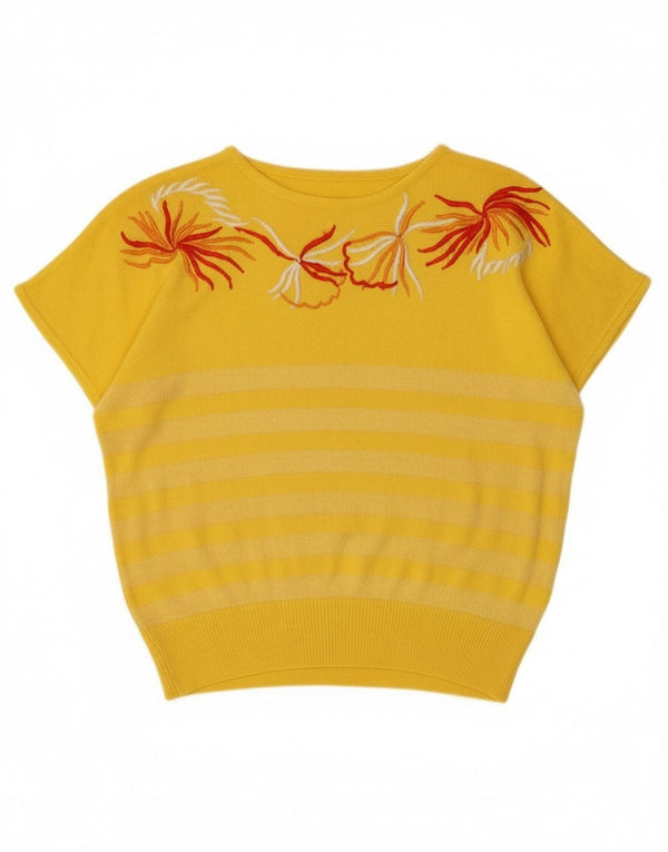 Vintage Womens Graphic Boat Neck Jumper Sweater UK 16 Large Yellow Floral