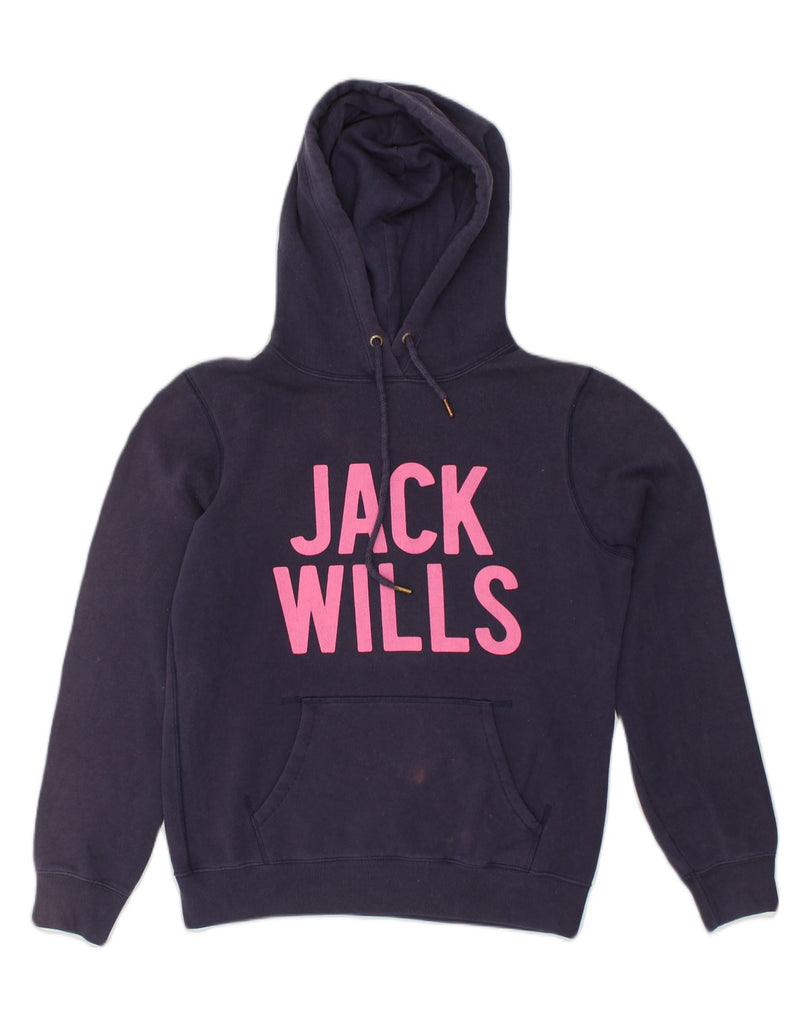 JACK WILLS Womens Graphic Hoodie Jumper UK 12 Medium Navy Blue Cotton | Vintage Jack Wills | Thrift | Second-Hand Jack Wills | Used Clothing | Messina Hembry 