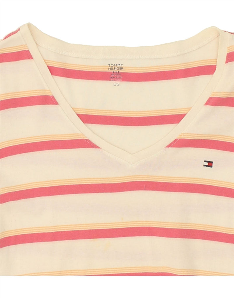 TOMMY HILFIGER Womens T-Shirt Top UK 14 Large Beige Striped Cotton | Vintage Tommy Hilfiger | Thrift | Second-Hand Tommy Hilfiger | Used Clothing | Messina Hembry 