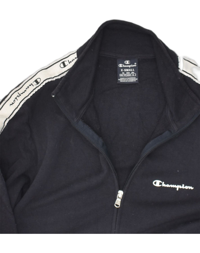 CHAMPION Womens Graphic Tracksuit Top Jacket UK 6 XS Navy Blue Cotton | Vintage Champion | Thrift | Second-Hand Champion | Used Clothing | Messina Hembry 