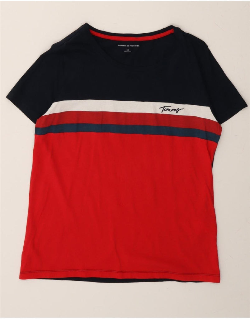 TOMMY HILFIGER Womens T-Shirt Top UK 16 Large Red Colourblock Cotton Vintage Tommy Hilfiger and Second-Hand Tommy Hilfiger from Messina Hembry 