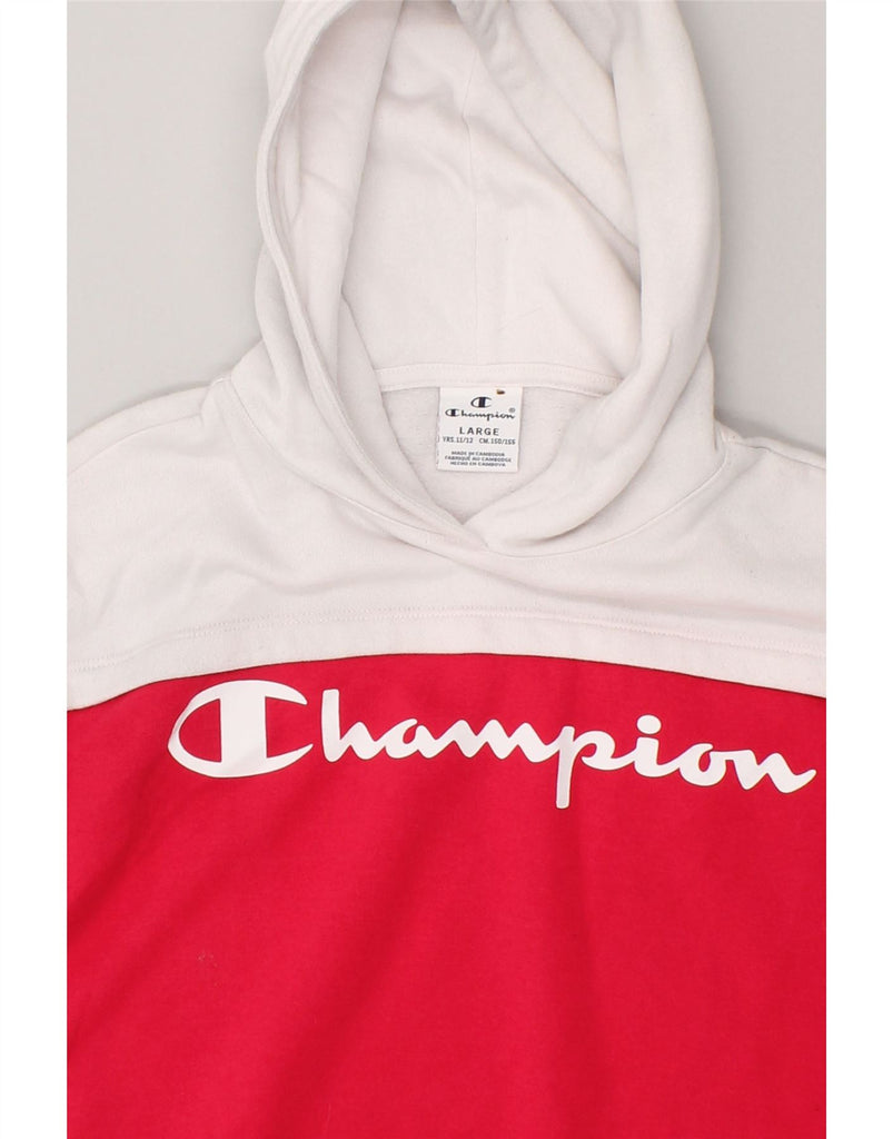 CHAMPION Girls Graphic Hoodie Jumper 11-12 Years Large Pink Colourblock | Vintage Champion | Thrift | Second-Hand Champion | Used Clothing | Messina Hembry 