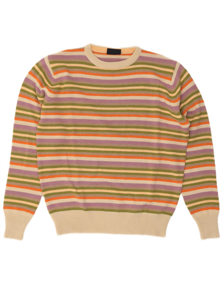 Vintage Mens Crew Neck Jumper Sweater Large Multicoloured Striped Acrylic