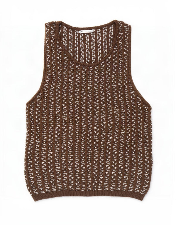 Zara Mens Vest Tank Top Large Brown Chevron Cotton