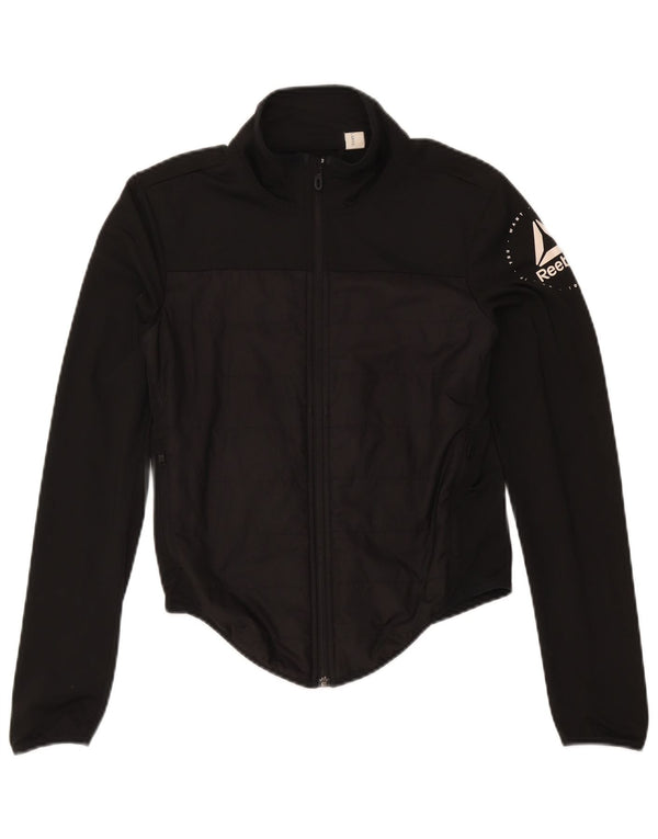 Reebok Womens Graphic Tracksuit Top Jacket UK 8/10 Small Black Polyester