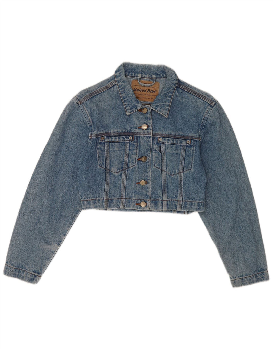 Vintage Womens Crop Denim Jacket UK 10 Small Blue Cotton