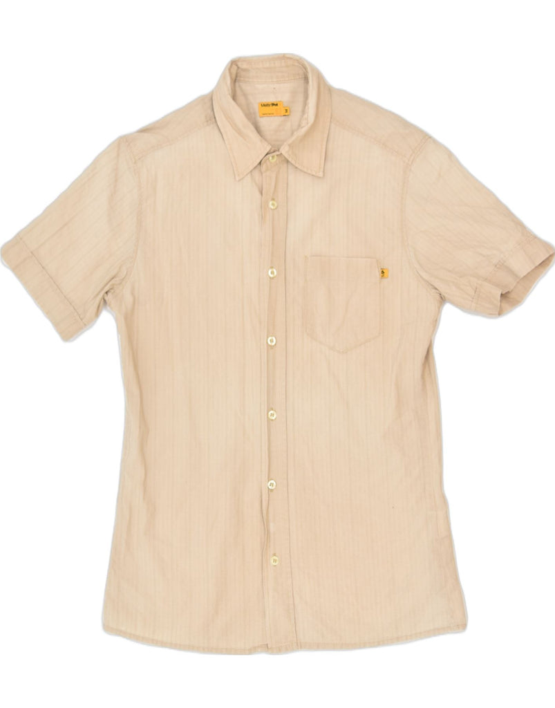 MELTIN' POT Mens Short Sleeve Shirt Medium Beige Striped Cotton Classic | Vintage | Thrift | Second-Hand | Used Clothing | Messina Hembry 