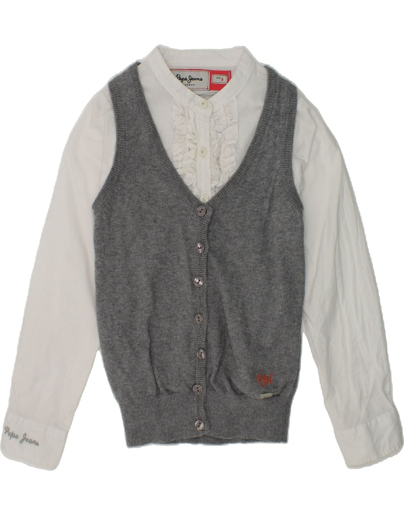 PEPE JEANS Girls 2 In 1 Cardigan Sweater 7-8 Years Grey Colourblock Cotton | Vintage PEPE Jeans | Thrift | Second-Hand PEPE Jeans | Used Clothing | Messina Hembry 