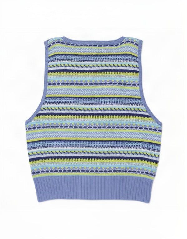 Benetton Womens Crop Vest Tank Top UK 8 Small Multicoloured Striped Cotton