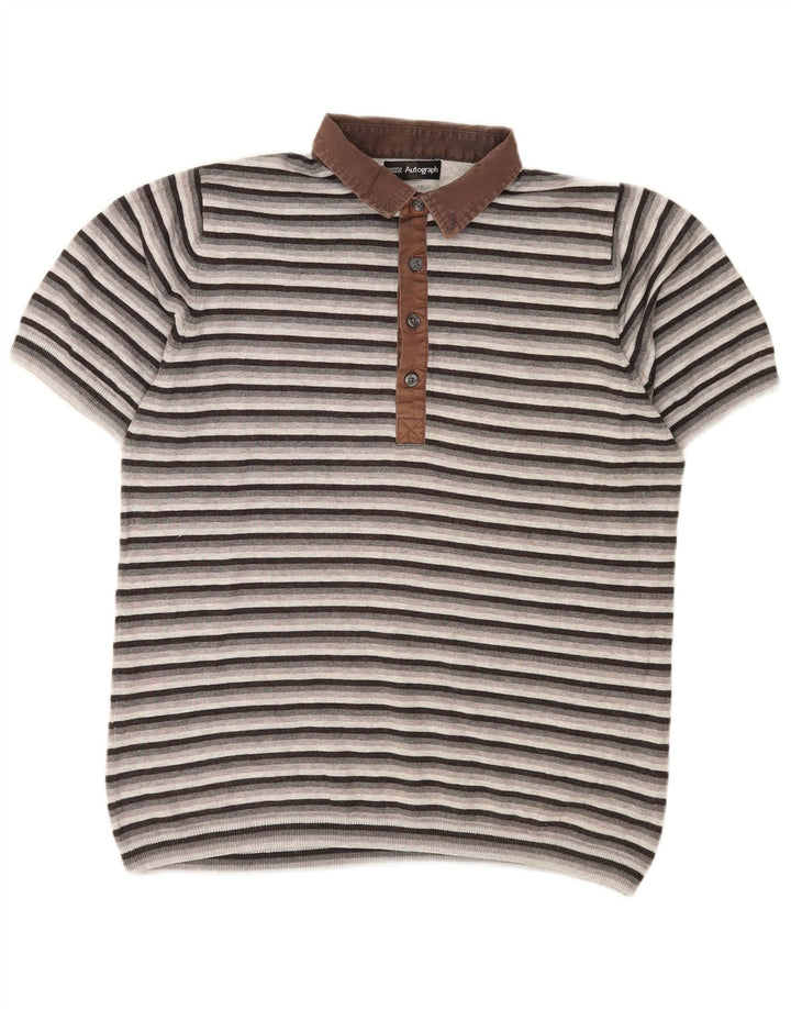 Marks & Spencer Mens Autograph Polo Shirt Medium Grey Striped Polyester