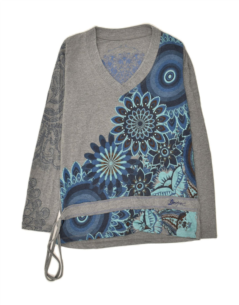 DESIGUAL Womens Graphic Top Long Sleeve UK 14 Large Grey Floral Cotton | Vintage Desigual | Thrift | Second-Hand Desigual | Used Clothing | Messina Hembry 