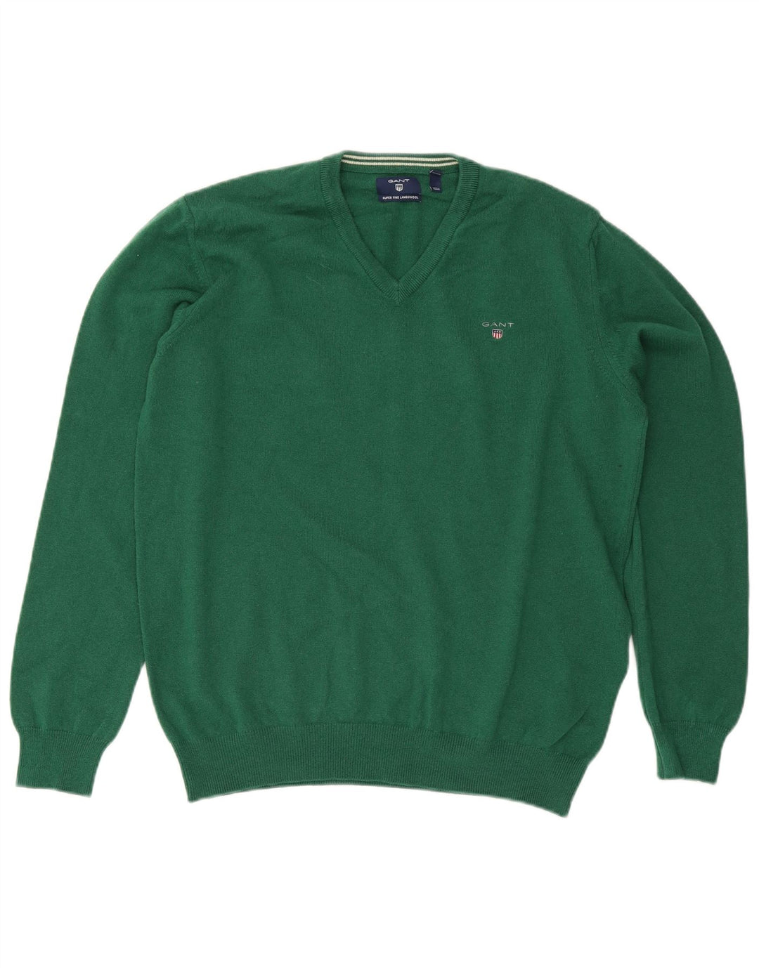 Gant Mens V-Neck Jumper Sweater XL Green Wool