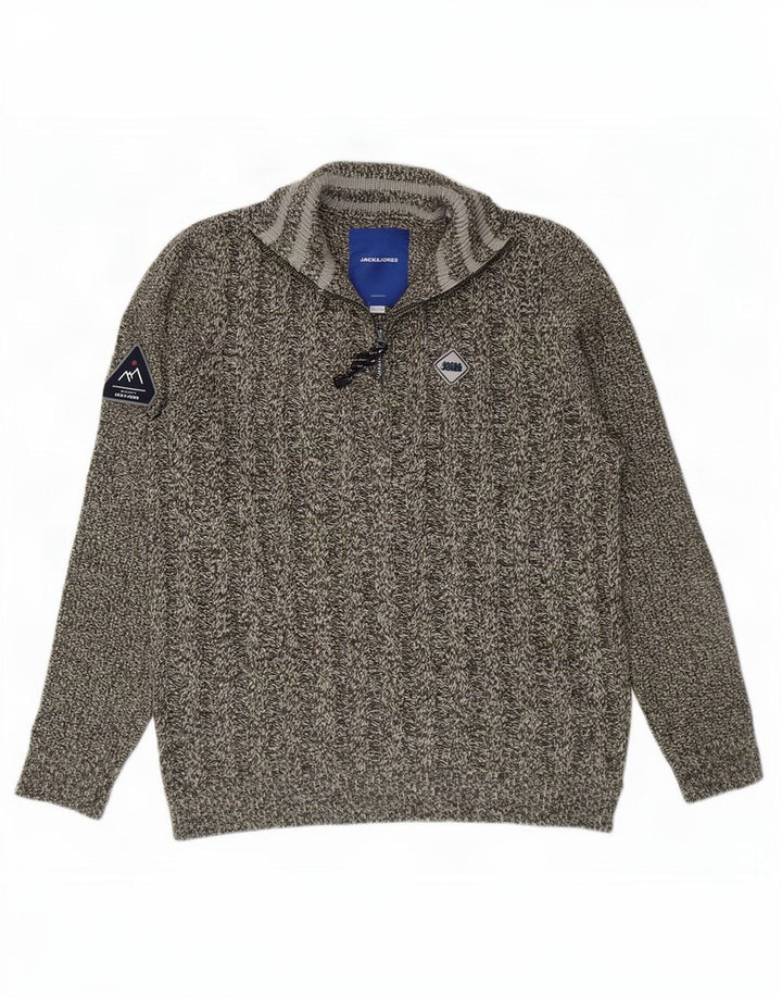 Jack & Jones Mens Zip Neck Jumper Sweater Large Grey Flecked Acrylic