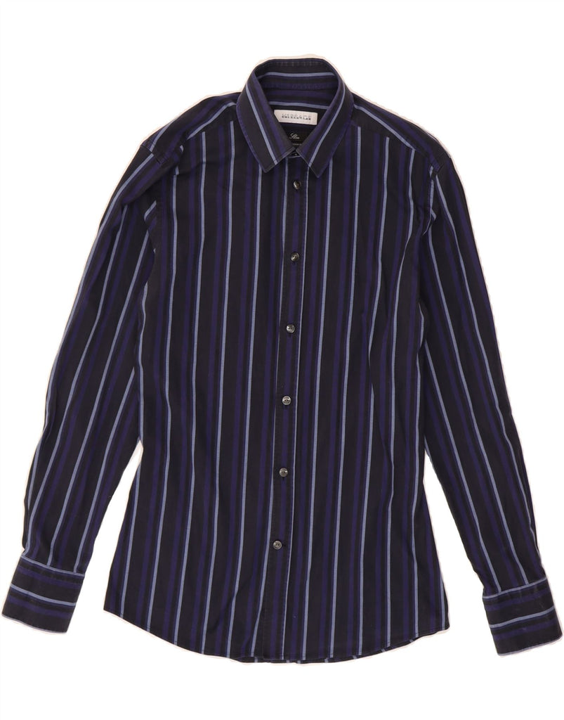 VERSACE Mens Slim Shirt Size 38/15 Medium Navy Blue Striped Cotton Vintage Versace and Second-Hand Versace from Messina Hembry 