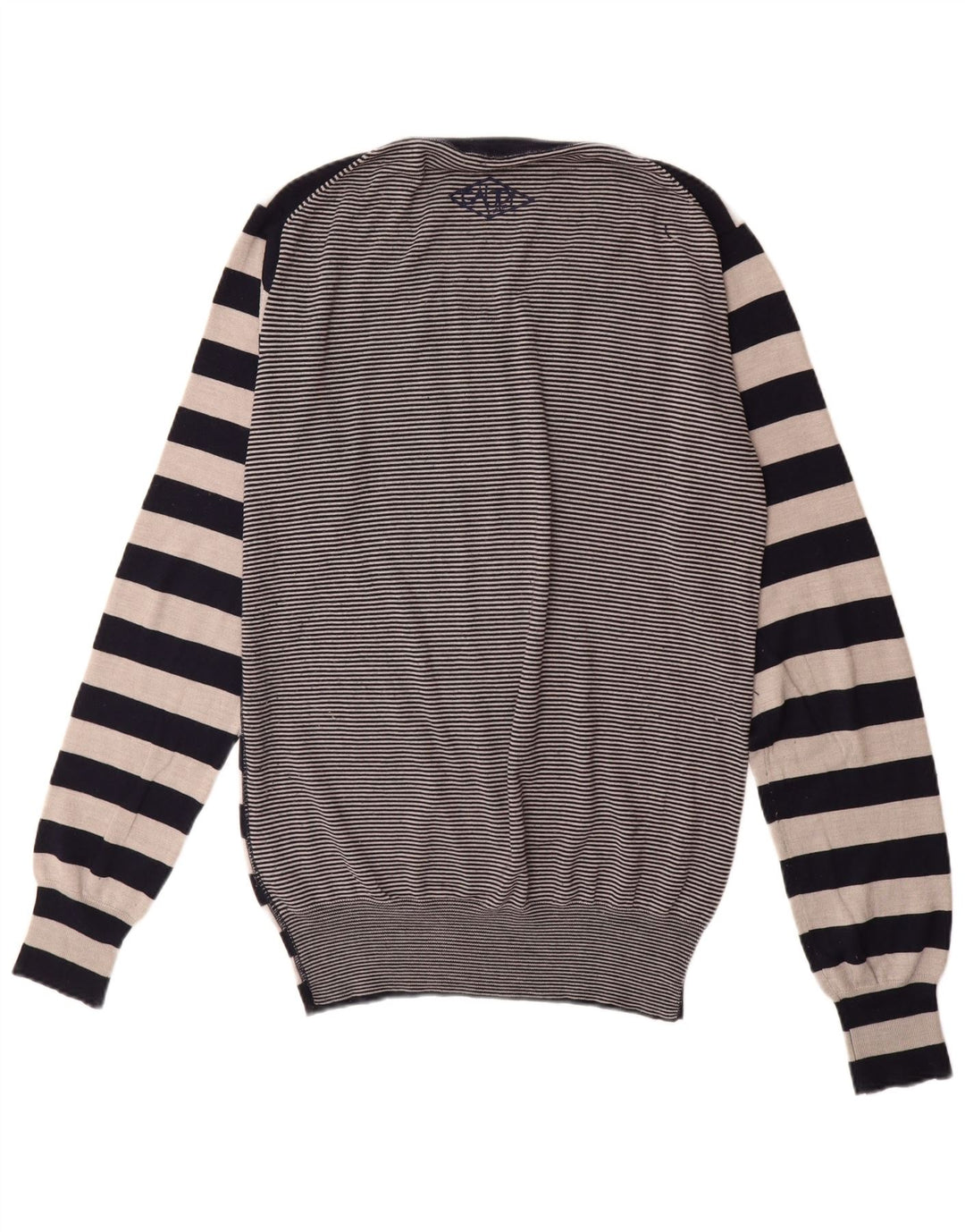 Gaudi Mens V-Neck Jumper Sweater Large Black Striped Merino Wool