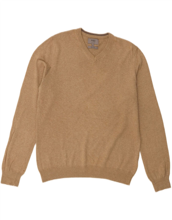 Marks & Spencer Mens V-Neck Jumper Sweater Medium Beige Flecked Cotton