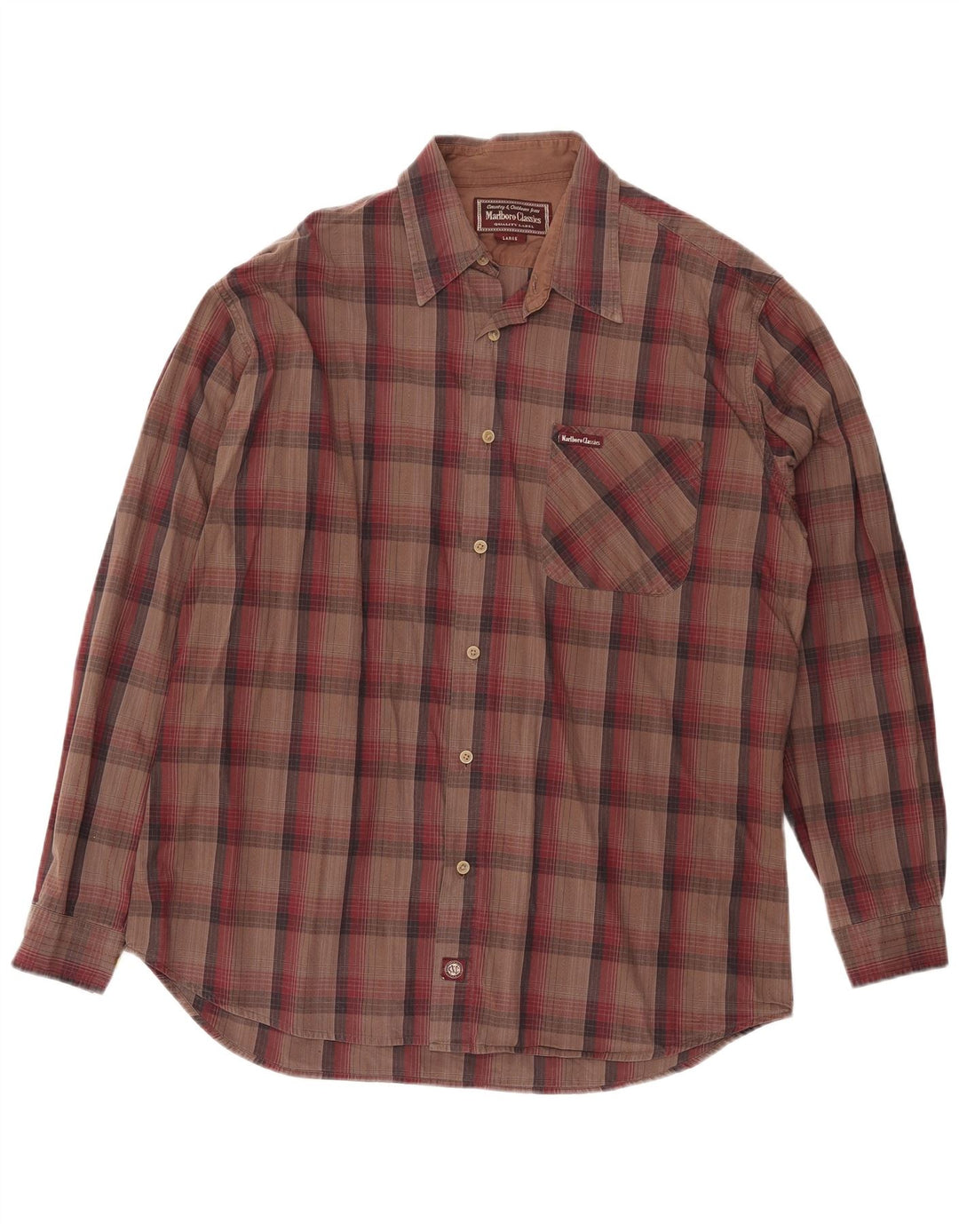 MARLBORO CLASSICS Mens Shirt Large Brown Check Cotton