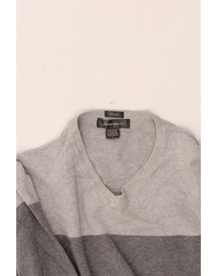 EDDIE BAUER Womens V-Neck Jumper Sweater UK 16 Large Grey Colourblock Vintage Eddie Bauer and Second-Hand Eddie Bauer from Messina Hembry 
