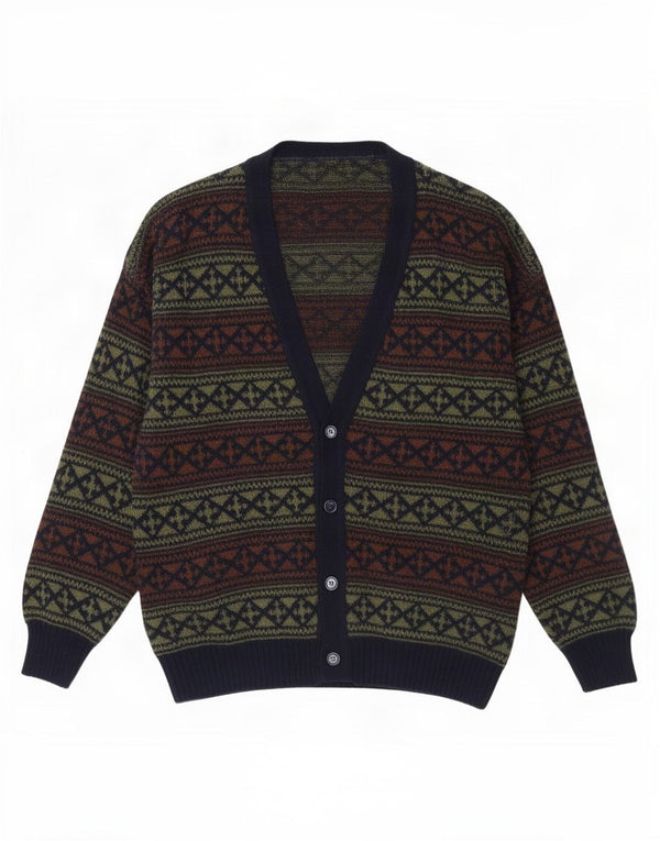 Vintage Mens Cardigan Sweater XL Navy Blue Fair Isle Wool
