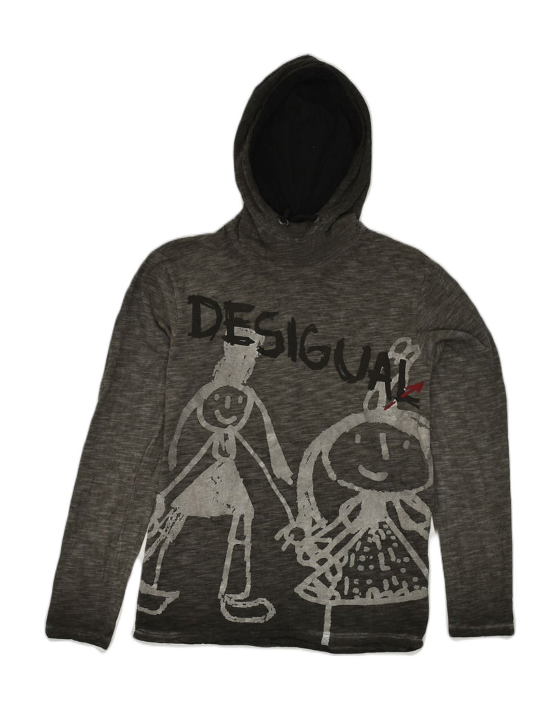 DESIGUAL Womens Graphic Hoodie Jumper UK 12 Medium Grey Cotton | Vintage Desigual | Thrift | Second-Hand Desigual | Used Clothing | Messina Hembry 