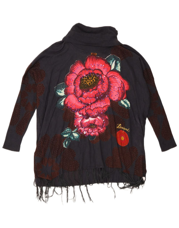 Desigual Womens Roll Neck Jumper Sweater UK 16 Large Navy Blue Floral
